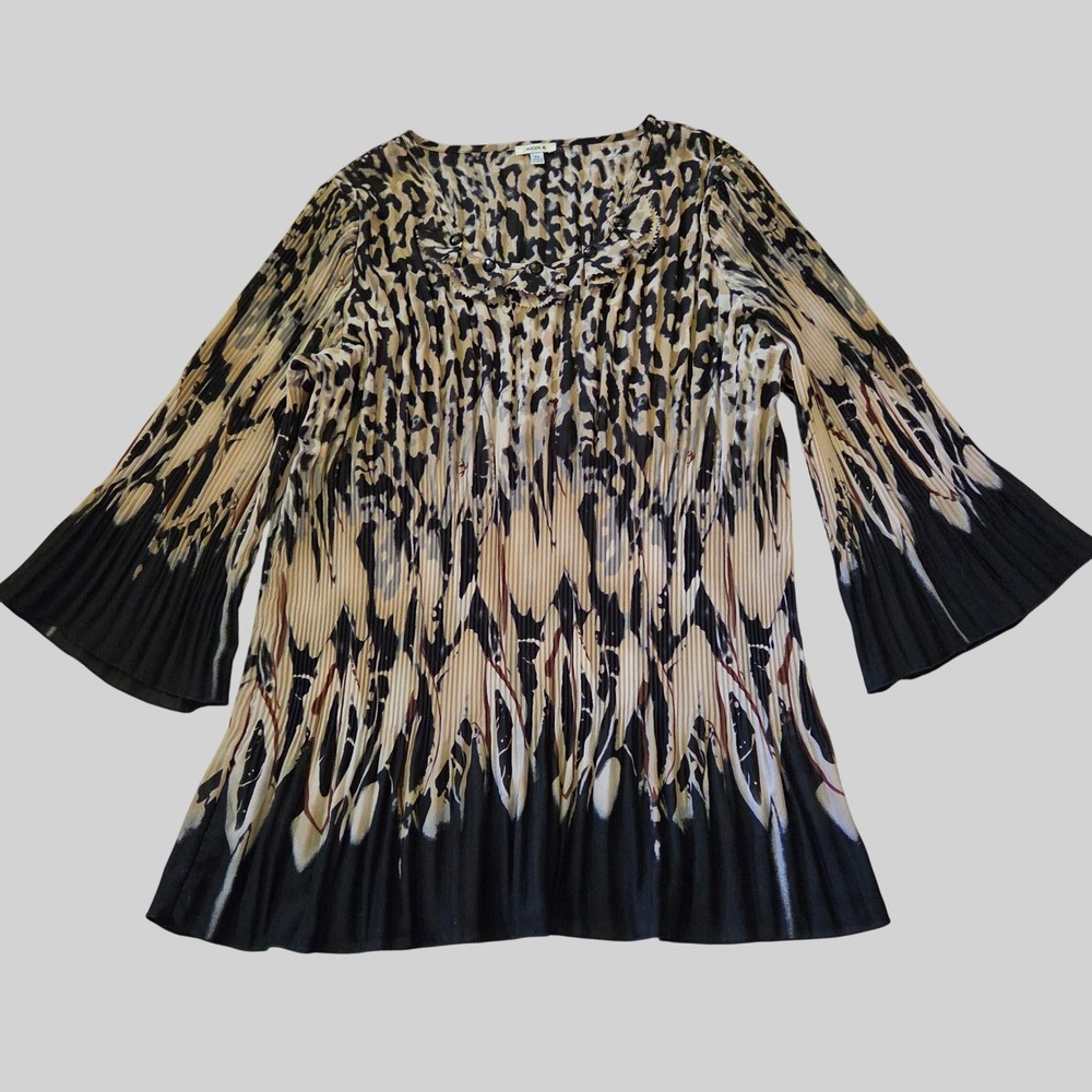 Nicola Plisse Bell Sleeve Abstract Earthy Print Top XL Neutral Blouse Mob Wife